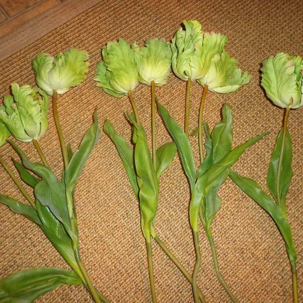 Lot of 8 Faux Long Stem Flowers Greenish Bendable Stems Realistic Looking